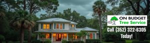 A large, well-lit house in a lush, green landscape, with palm trees and darkening skies, advertising a tree service.